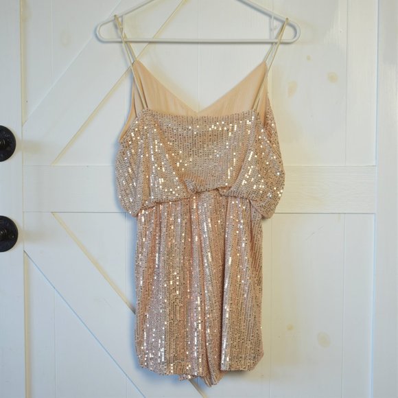 Double Crazy Sequin Cami Romper v neck rose gold apricot sparkle sexy size M - Picture 4 of 5